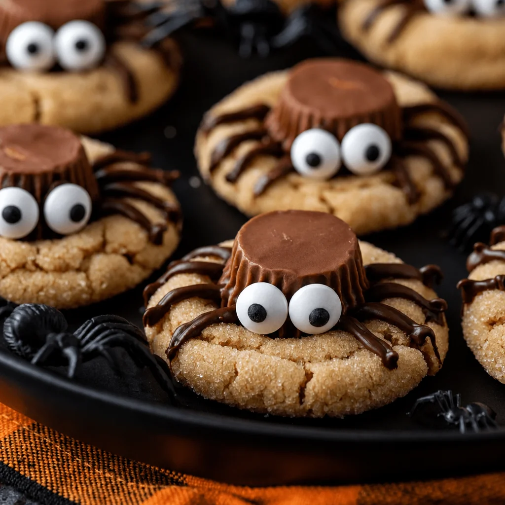 Delicious Peanut Butter Spider Cookies topped with chocolate and candy eyes for Halloween.