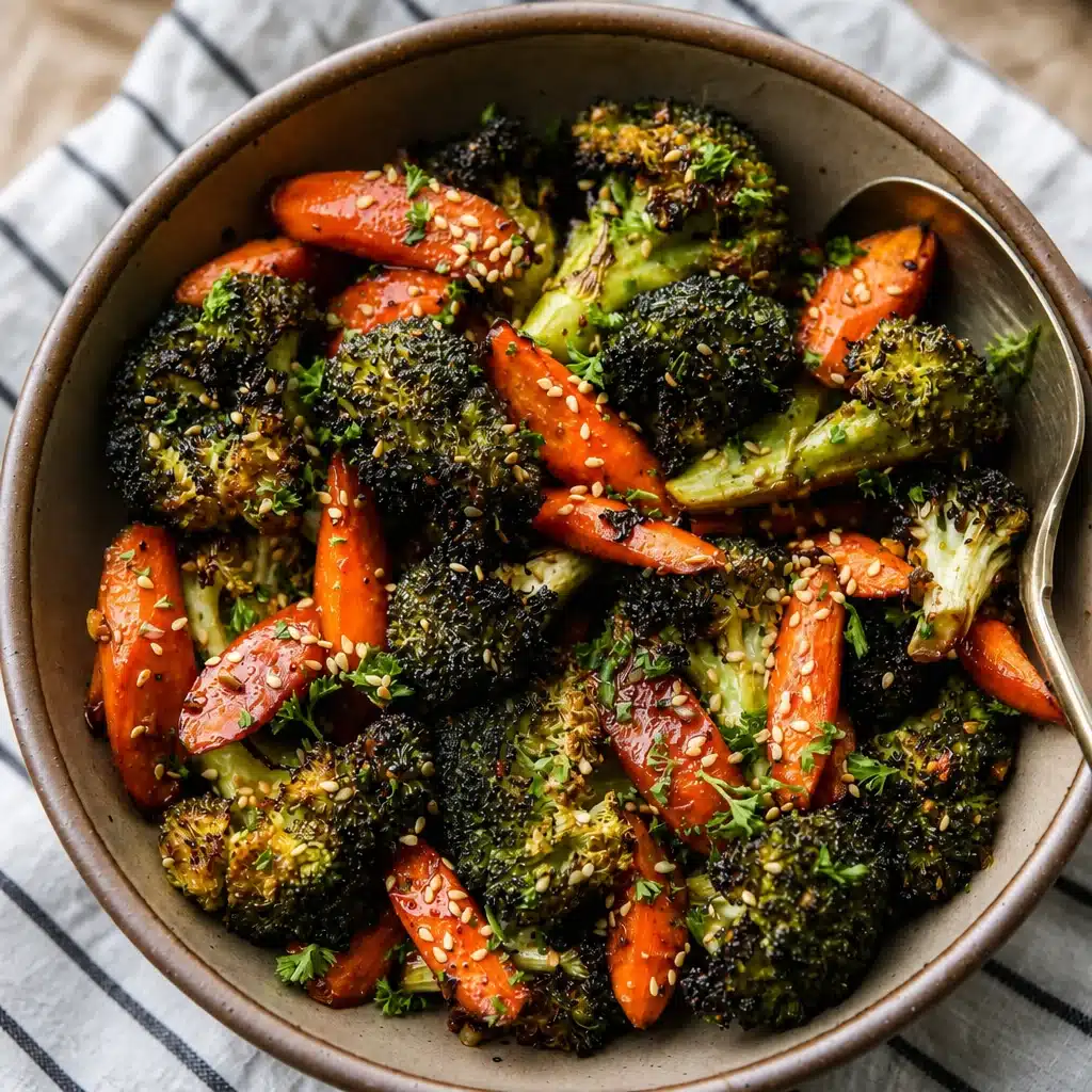 Delicious roasted broccoli and carrots seasoned with garlic and herbs.