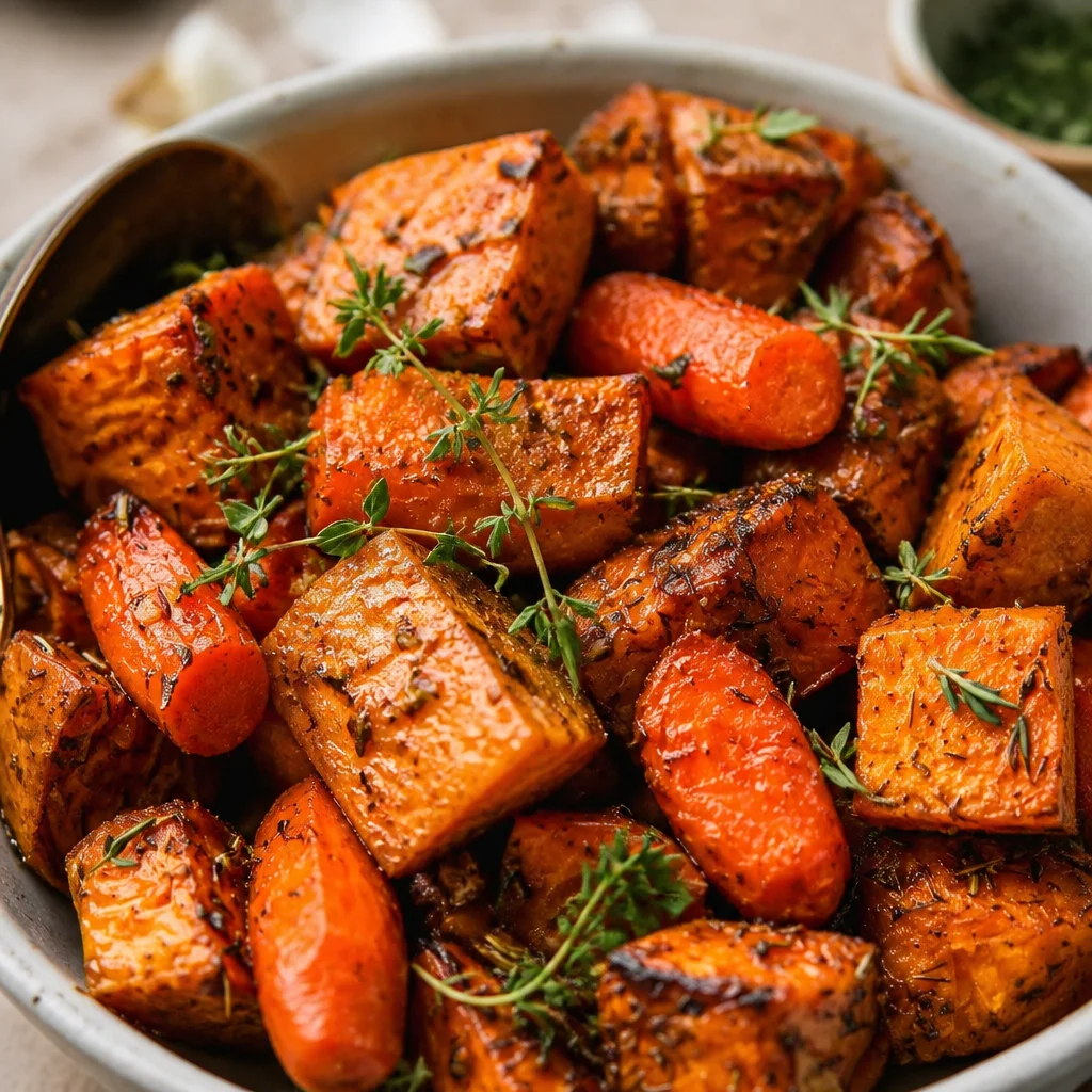 Oven-roasted sweet potatoes and carrots seasoned with spices.