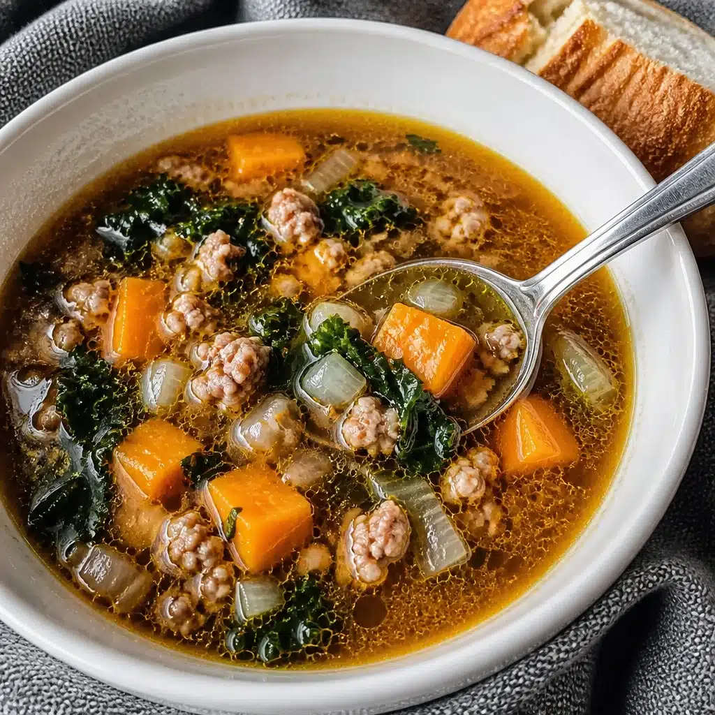 Delicious Sausage Sweet Potato Kale Soup in a bowl, perfect for chilly days.
