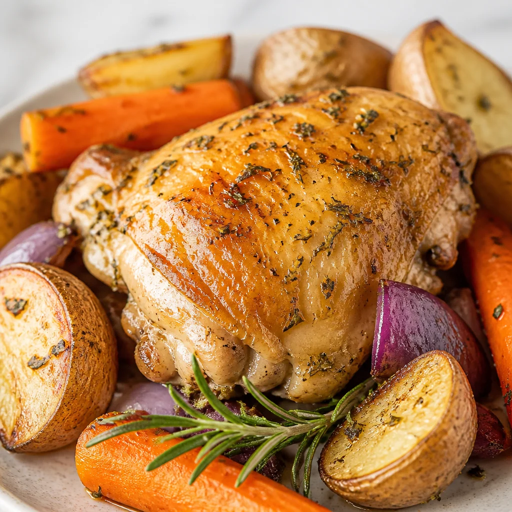 Delicious sheet pan chicken thighs with roasted veggies for an easy dinner