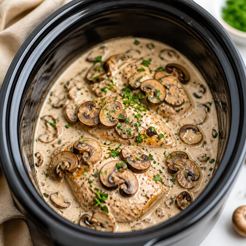 Slow Cooker Mushroom Chicken served over noodles with a creamy mushroom sauce.