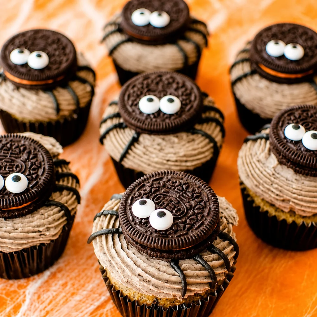 Halloween Spider Cupcakes with cream cheese frosting and candy eyeballs