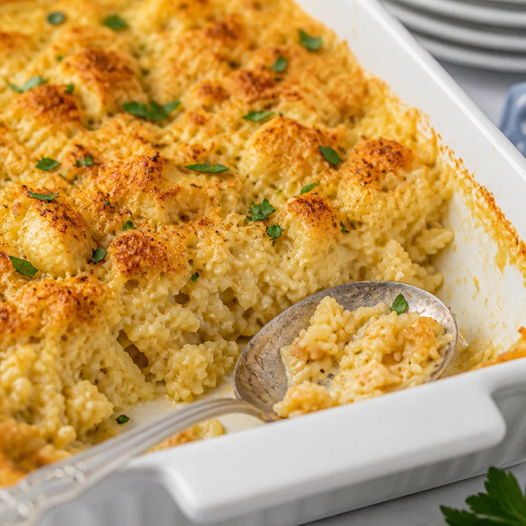 Delicious Stick of Butter Chicken and Rice Casserole with tender chicken and buttery rice