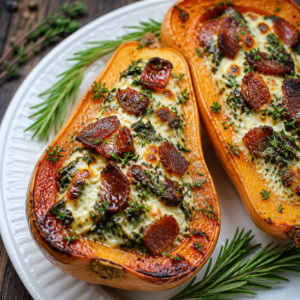 Stuffed Butternut Squash filled with quinoa, cranberries, kale, and cheese.