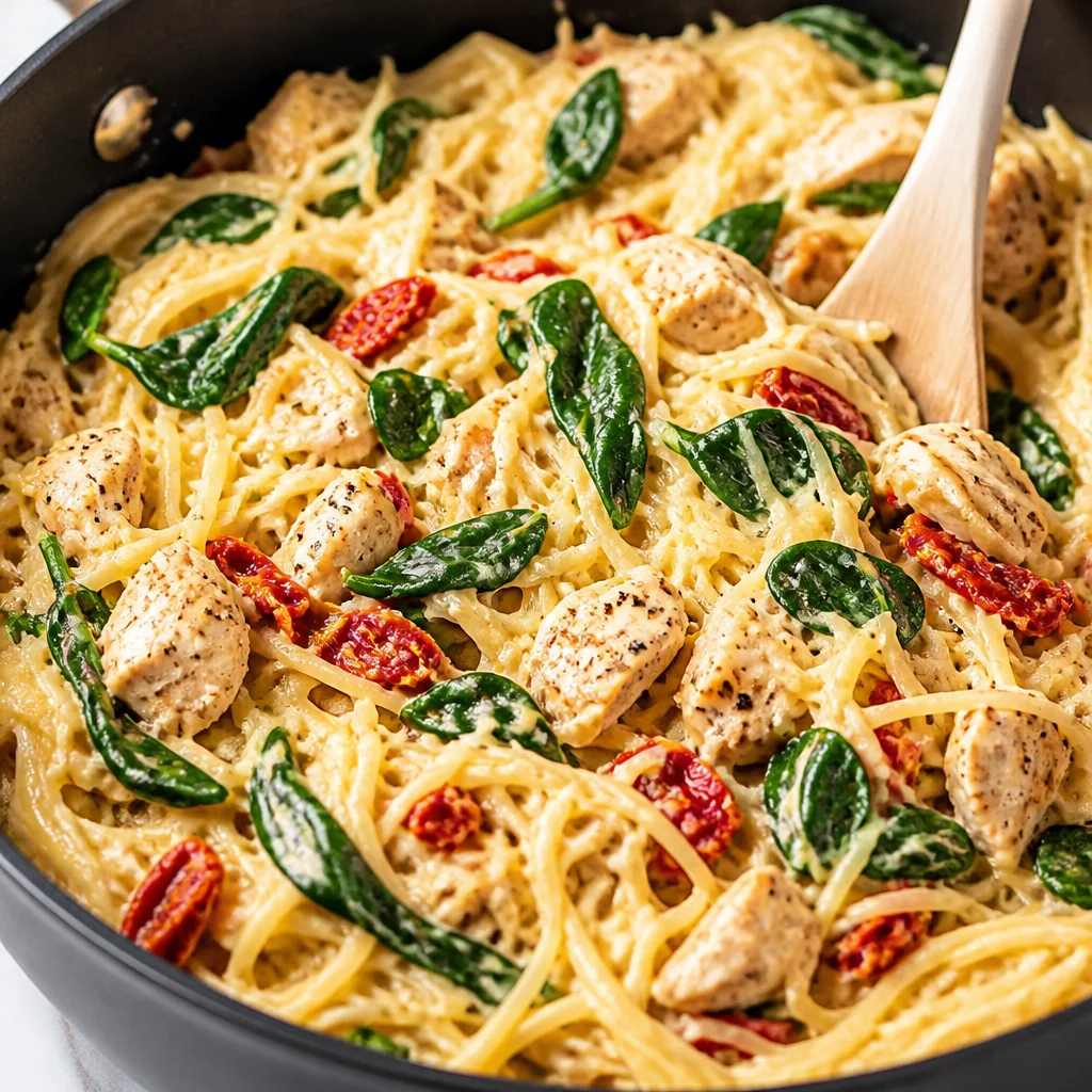 Delicious Tuscan Chicken Spaghetti Squash with sun-dried tomatoes and spinach.