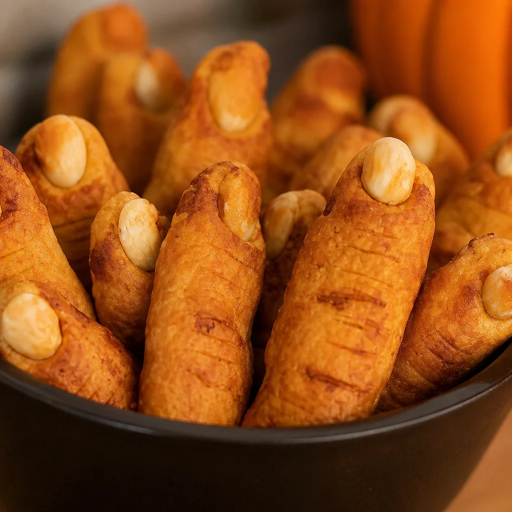 Spooky Witches’ Fingers Cookies shaped like fingers with almond nails and jam.