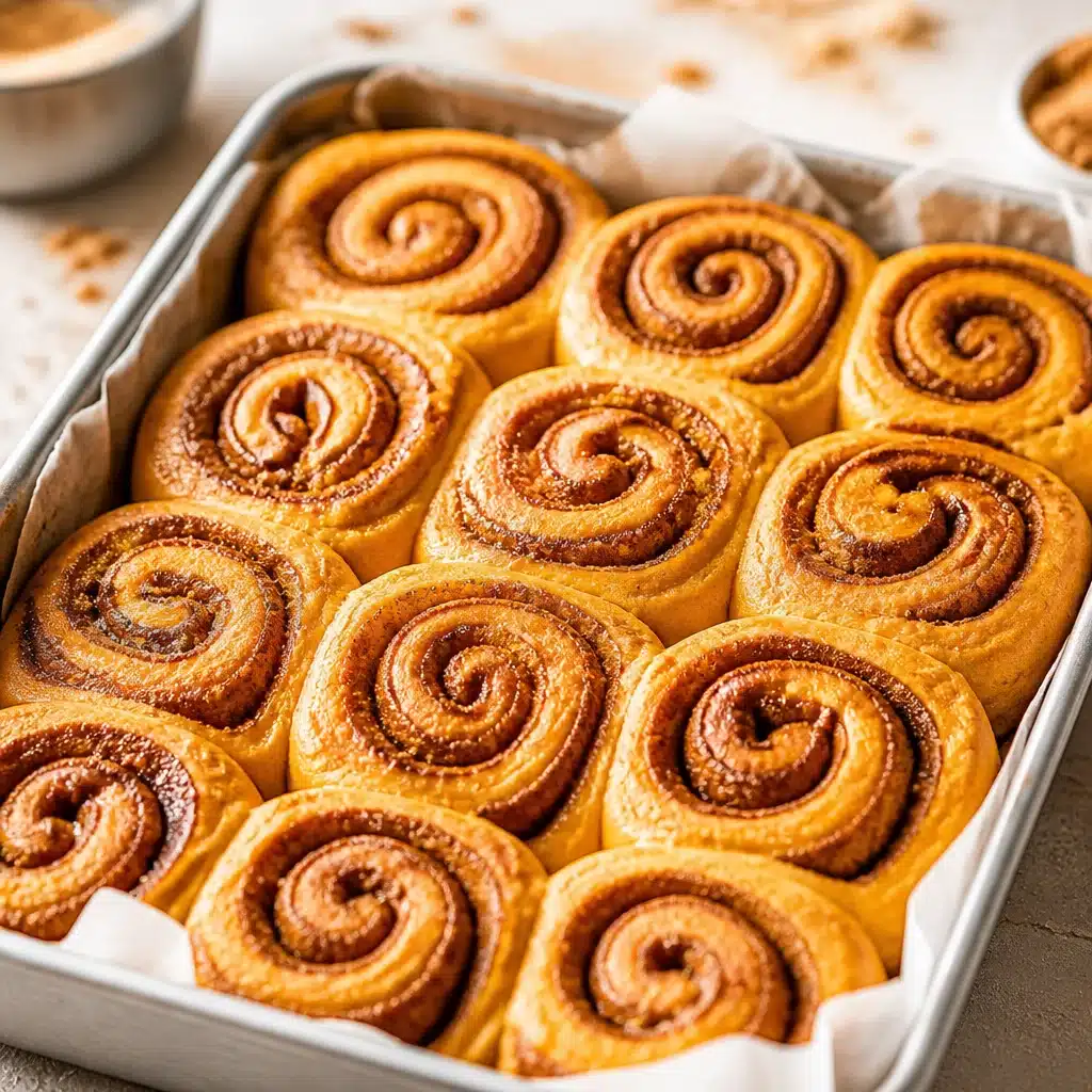 Delicious Pumpkin Cinnamon Rolls topped with cream cheese icing and pumpkin spice.