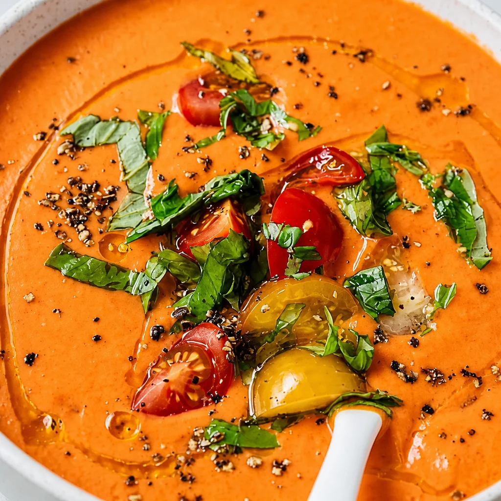 Bowl of refreshing tomato gazpacho topped with fresh veggies and herbs.