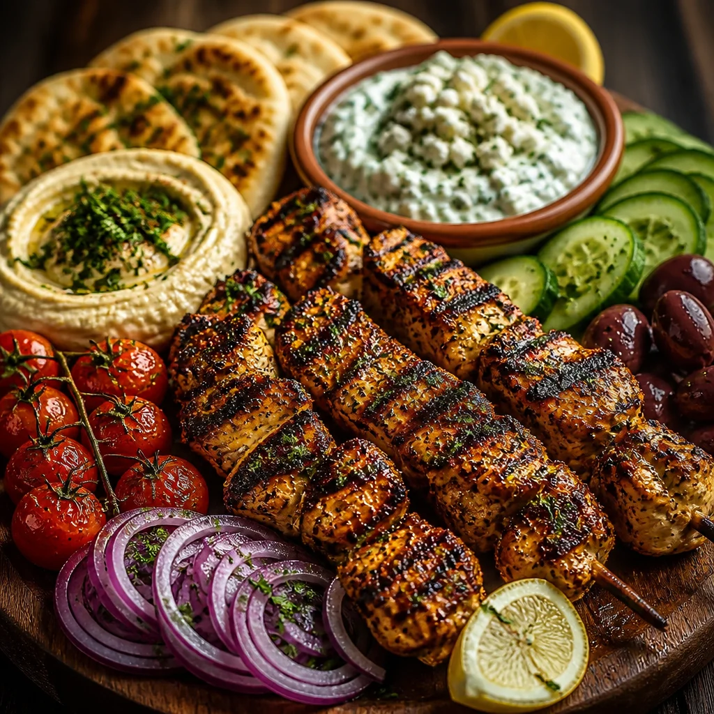 Greek Grilled Chicken Souvlaki Mezze Board featuring skewers, tzatziki, pita, and dips.