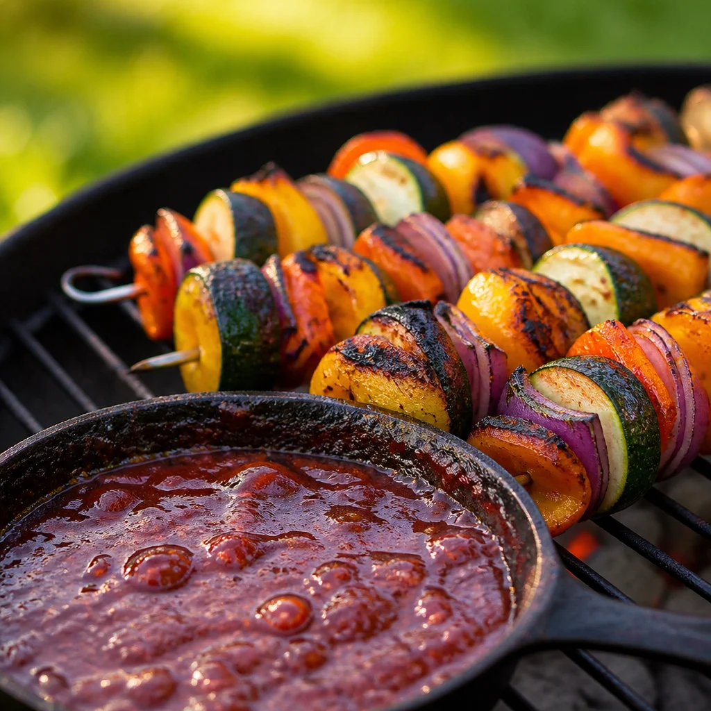Grilled Veggie Kabobs with colorful bell peppers, zucchini, and mushrooms on skewers.