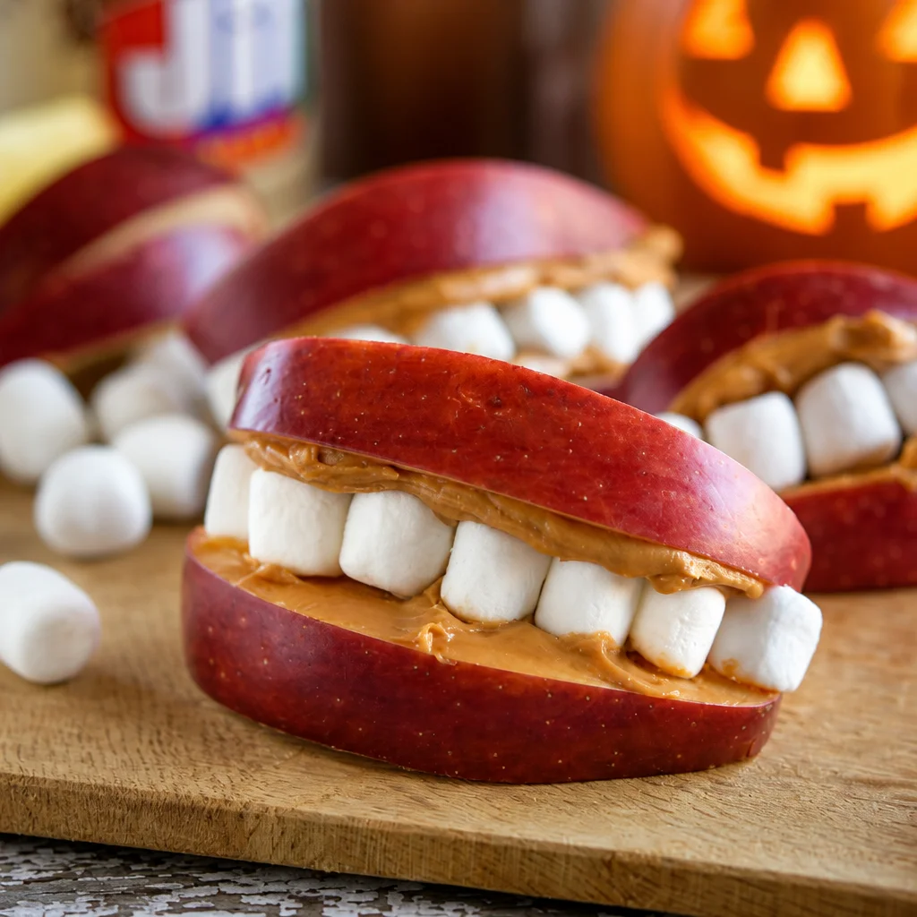 Halloween Apple Teeth treats made with apple slices and slivered almonds.