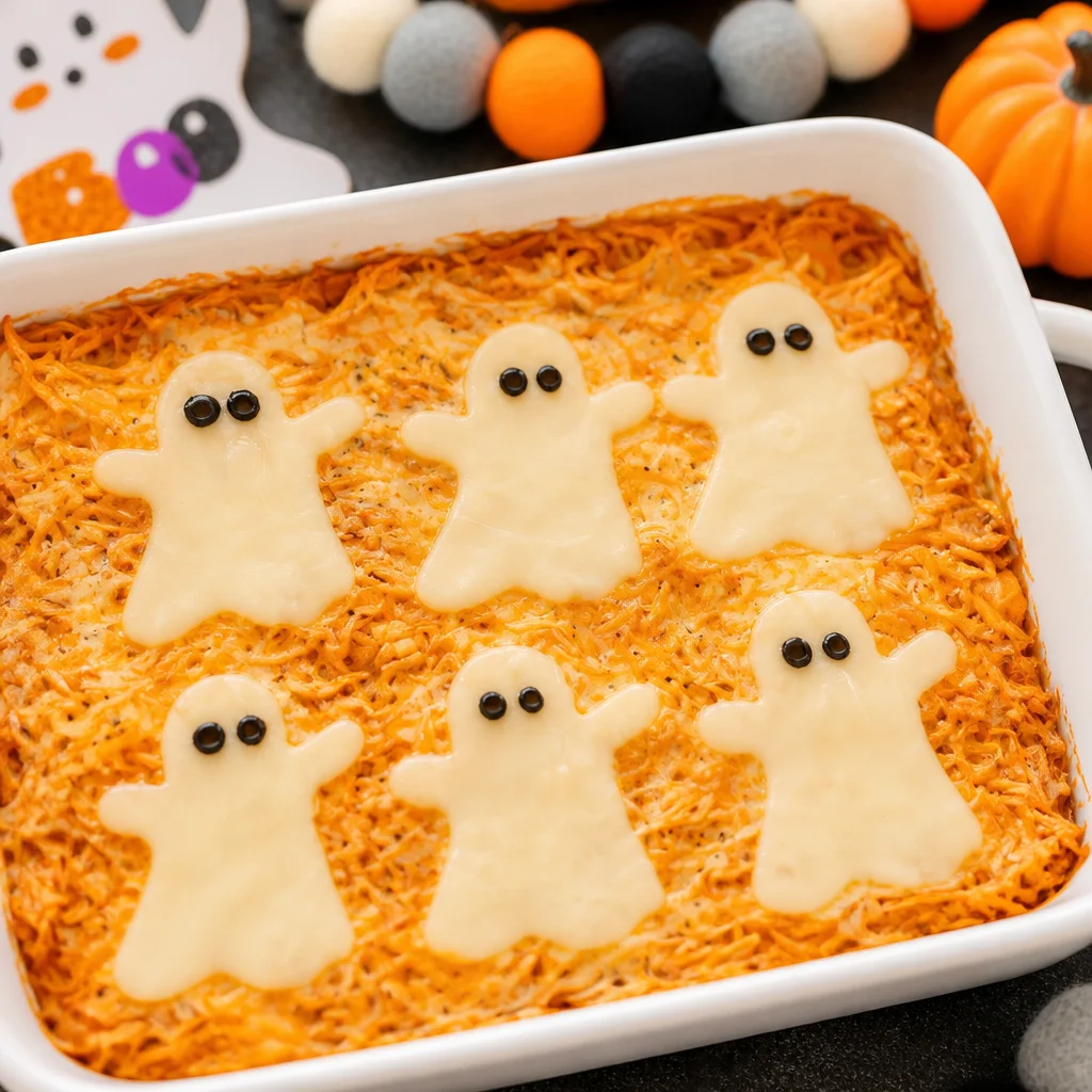 Halloween Buffalo Chicken dip with cheese ghosts for a spooky party appetizer.