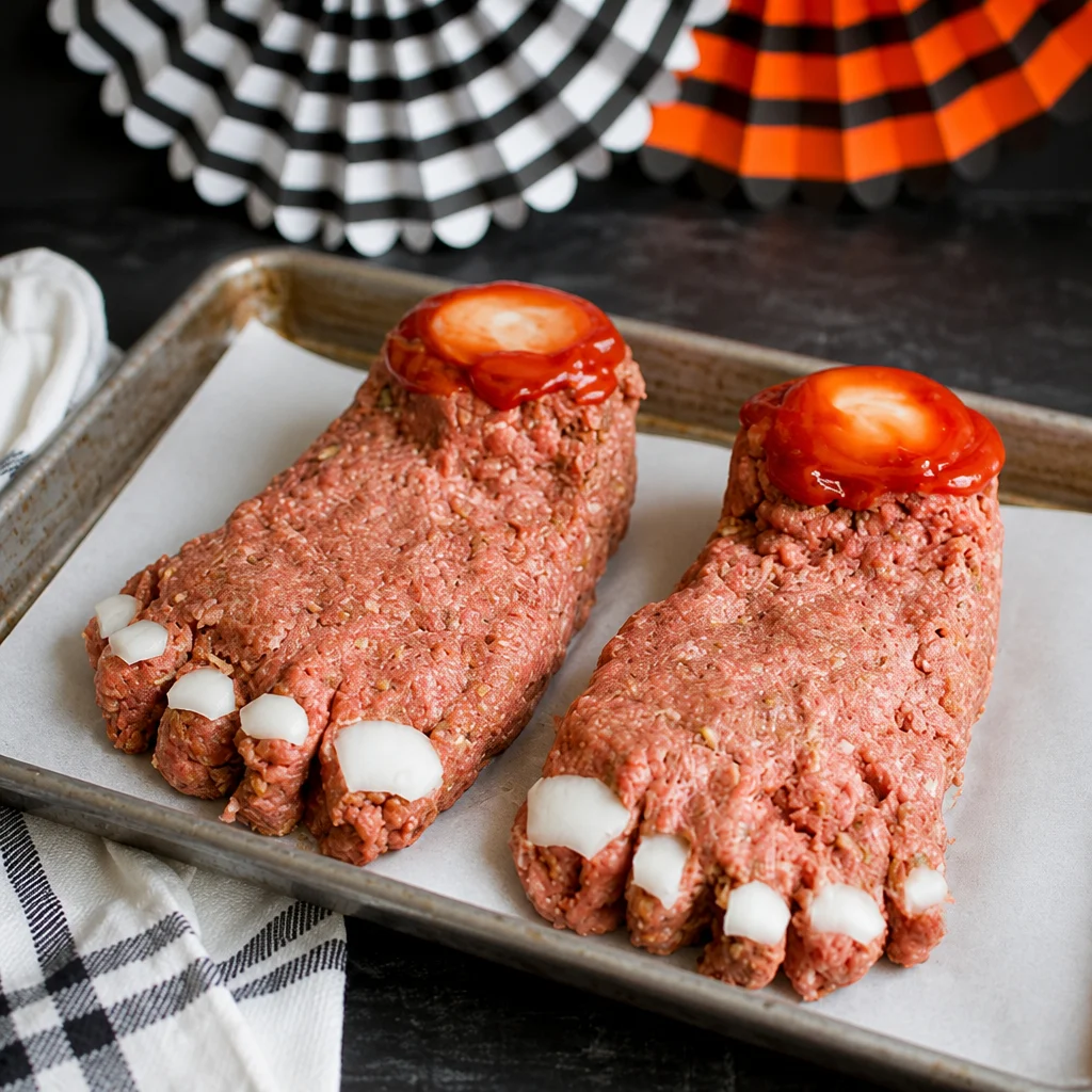 Halloween Feet Loaf shaped like a severed foot with onion toenails and ketchup glaze.