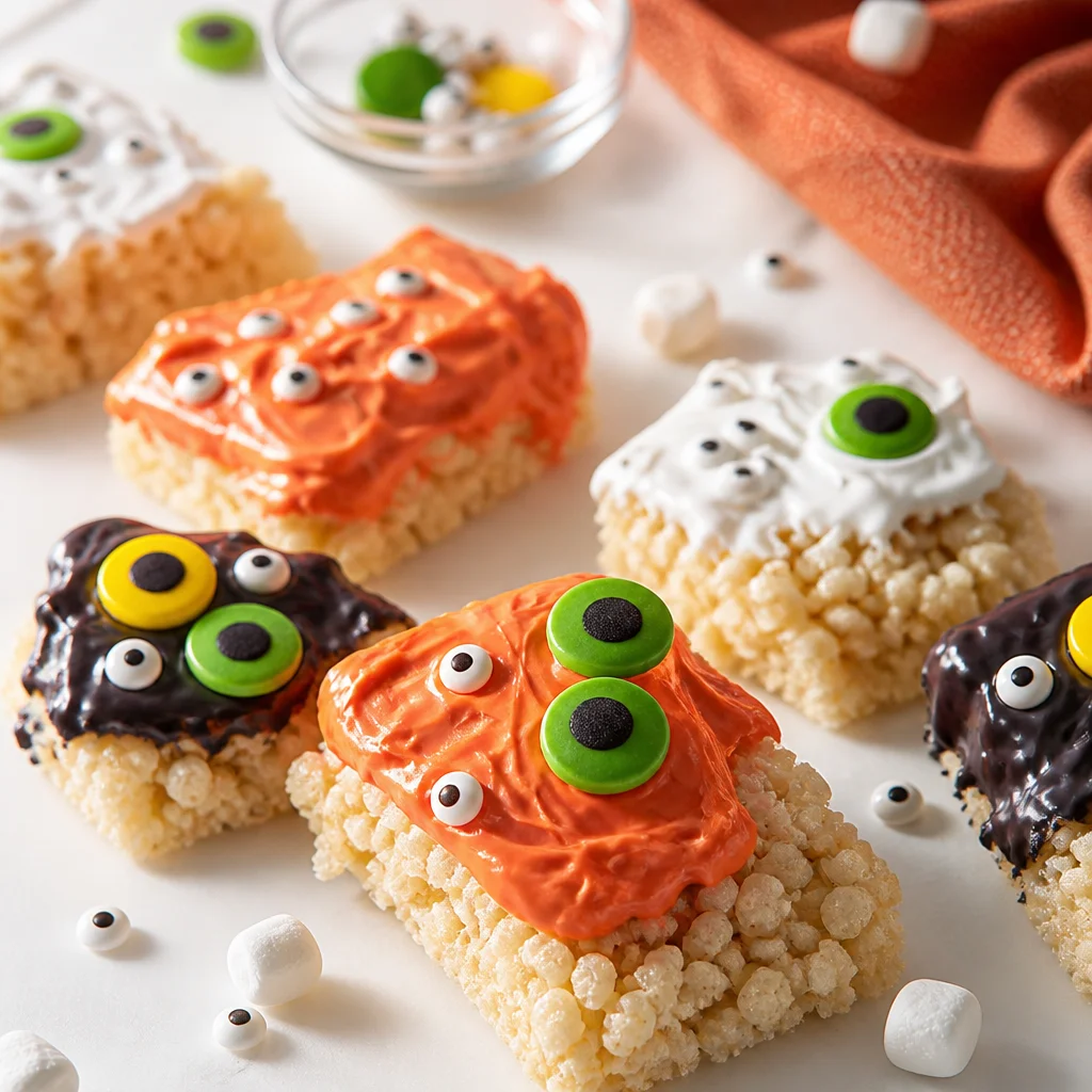 Colorful Halloween Rice Krispie Treats decorated with candy corn and sprinkles.