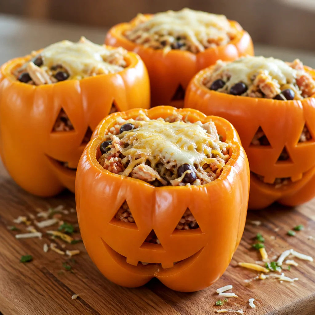 Halloween Stuffed Peppers shaped like jack-o'-lanterns, perfect for spooky dinners.