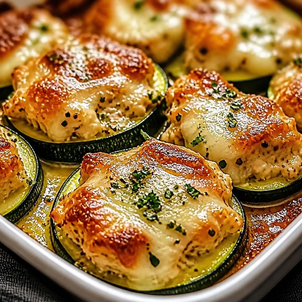 Healthy Chicken Zucchini Bake with melted cheese and fresh vegetables