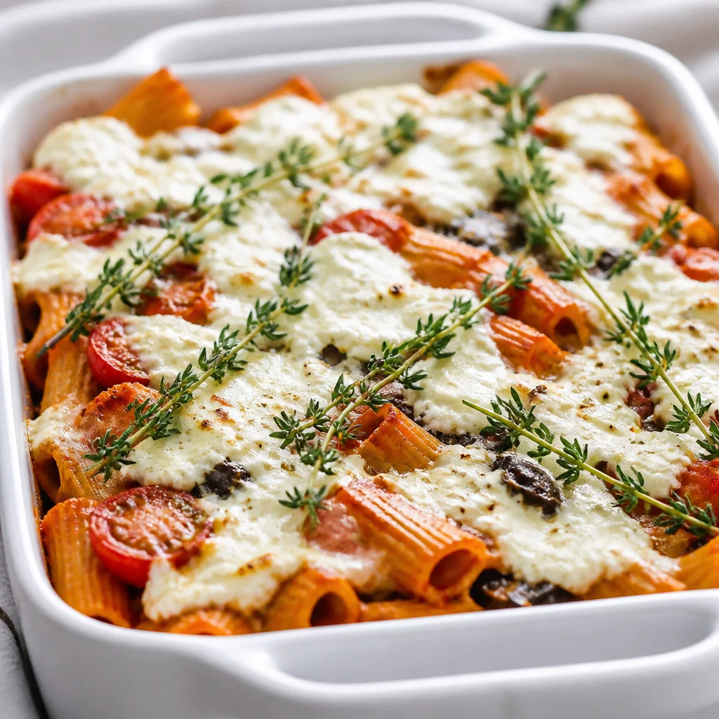 Baked Eggplant Pasta with roasted eggplant and mozzarella in a golden topping.