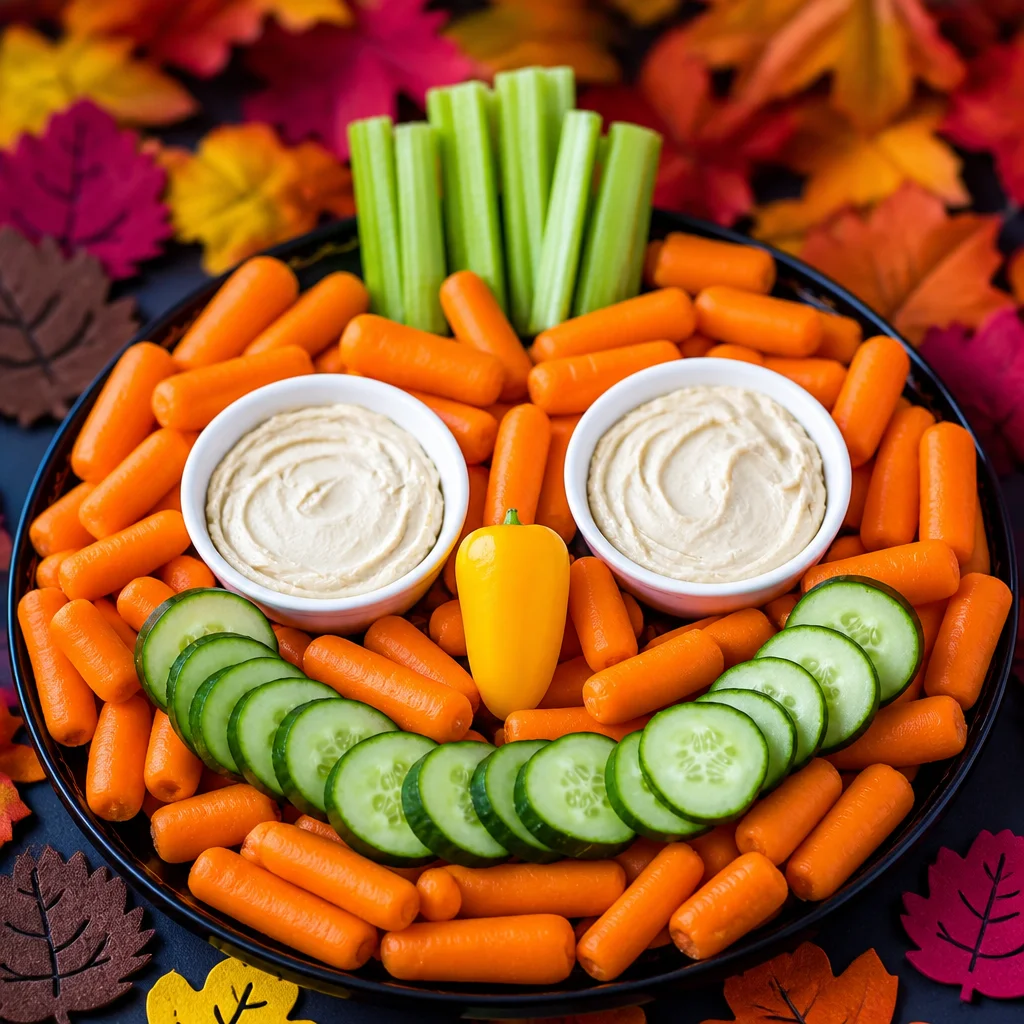 Colorful Halloween Pumpkin Veggie Tray arranged with carrots and cucumbers.