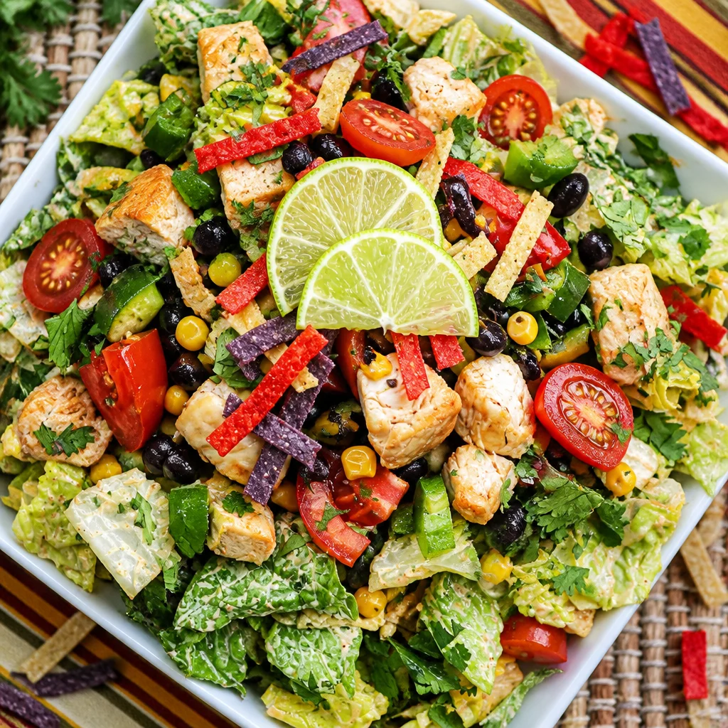 A vibrant Tex Mex Chopped Chicken Salad with romaine, corn, black beans, and grilled chicken.