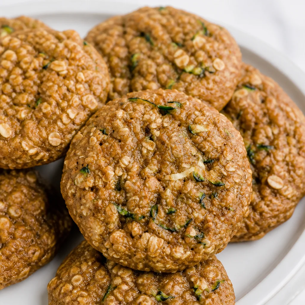 Soft and chewy zucchini cookies with oats and chocolate chips on a plate.