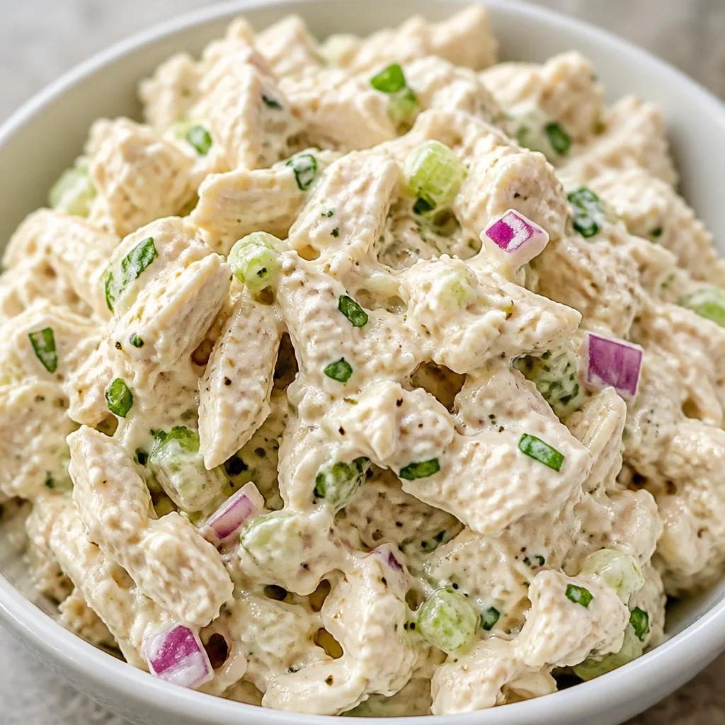 Bowl of classic chicken salad with shredded chicken, celery, and a creamy dressing