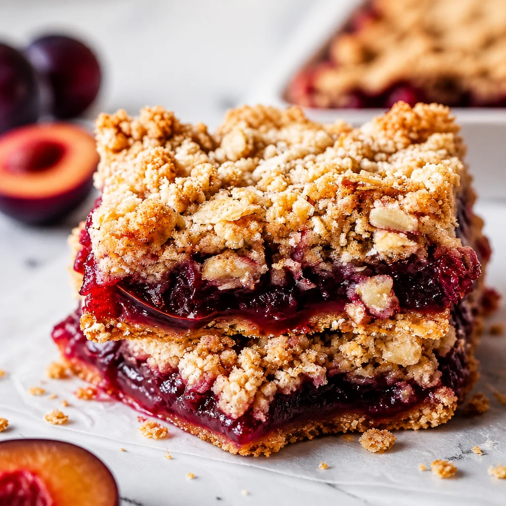 Delicious Plum Crumble Bars with Oat Crumble topping, perfect summer dessert.