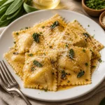 Delicious homemade pumpkin ravioli in brown butter sauce topped with sage and pecans.