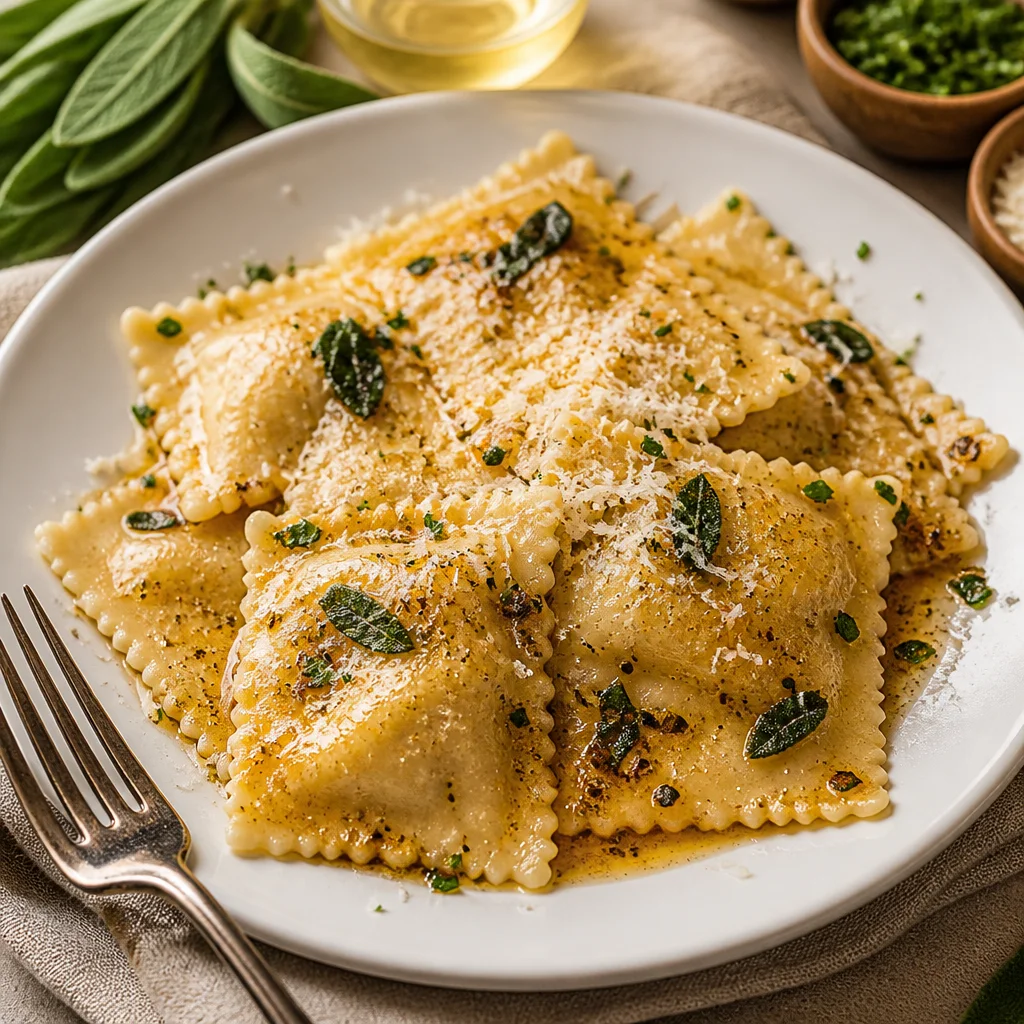 Delicious homemade pumpkin ravioli in brown butter sauce topped with sage and pecans.