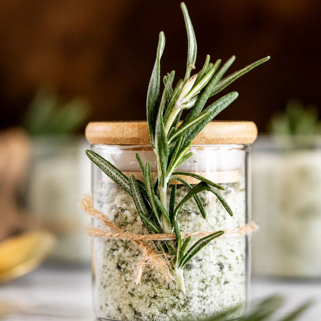 Homemade Rosemary Salt mixture with fresh rosemary and coarse salt.