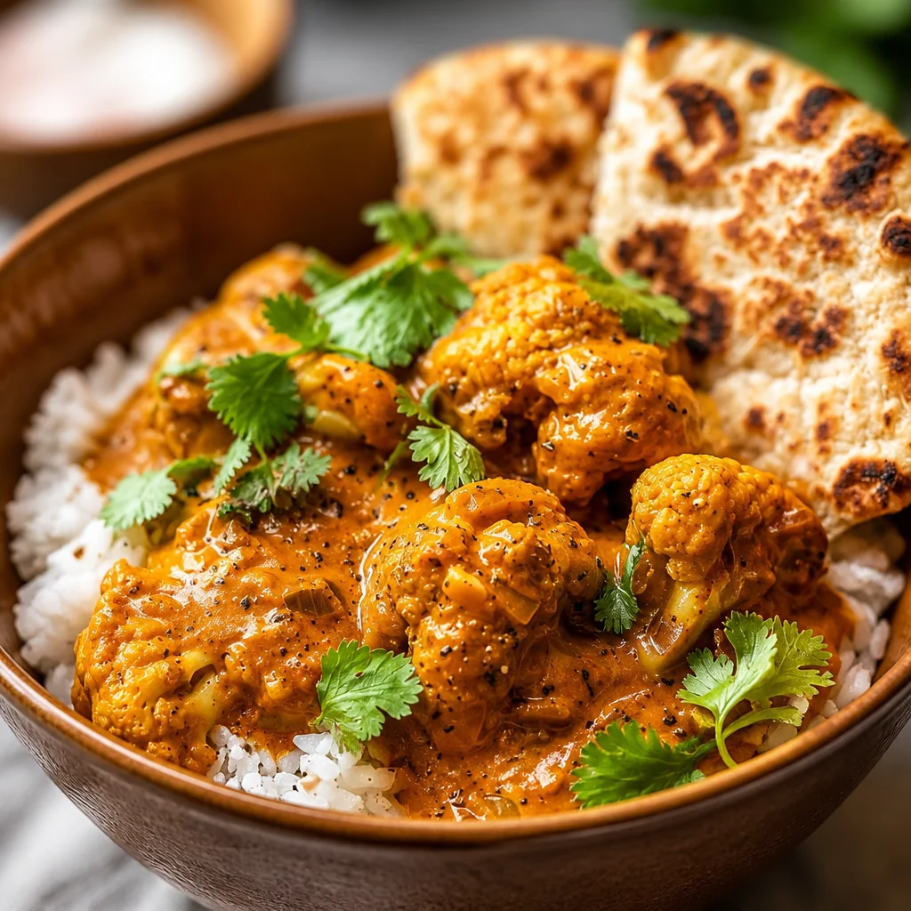 Creamy Butter Cauliflower dish served with naan and spices, perfect for a weeknight meal.