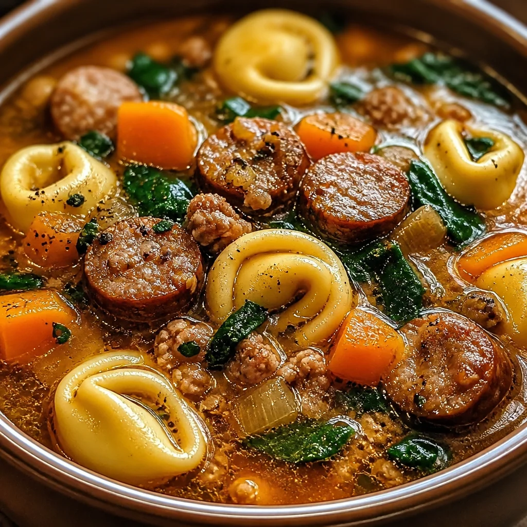 Sausage Tortellini Soup with creamy broth and flavorful ingredients in a bowl.