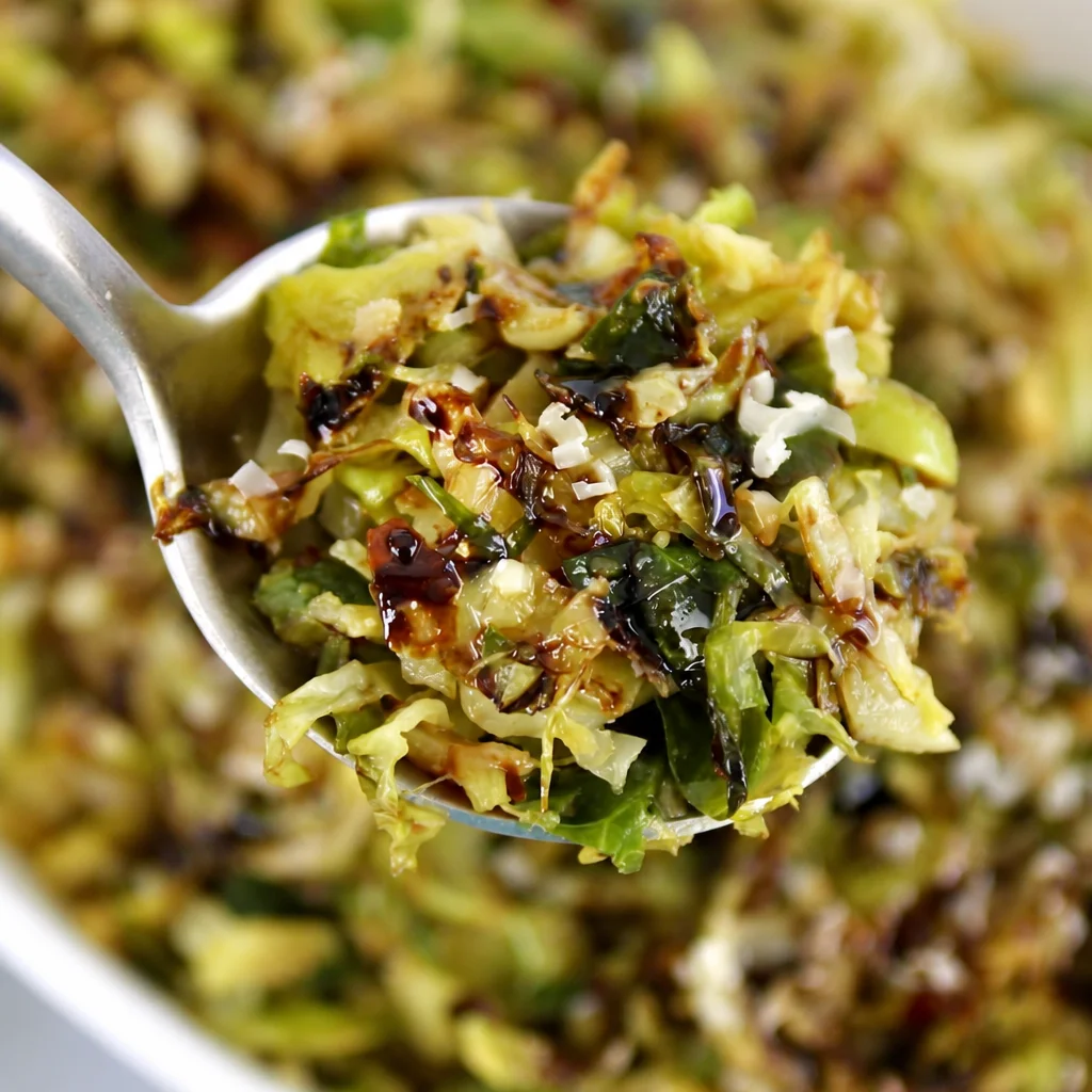 Sautéed Keto Shredded Brussels Sprouts topped with parmesan and balsamic glaze.