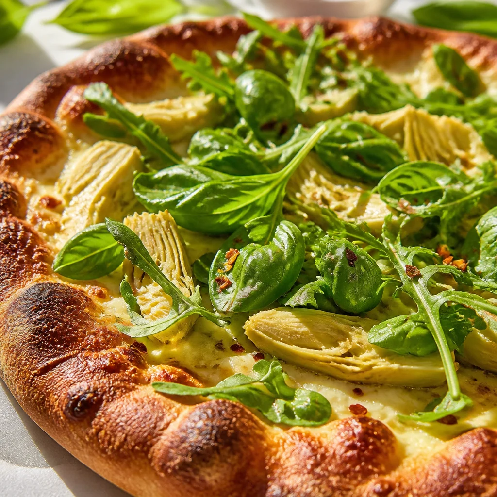 Delicious Lemon Artichoke Arugula Pizza topped with mozzarella and fresh ingredients.