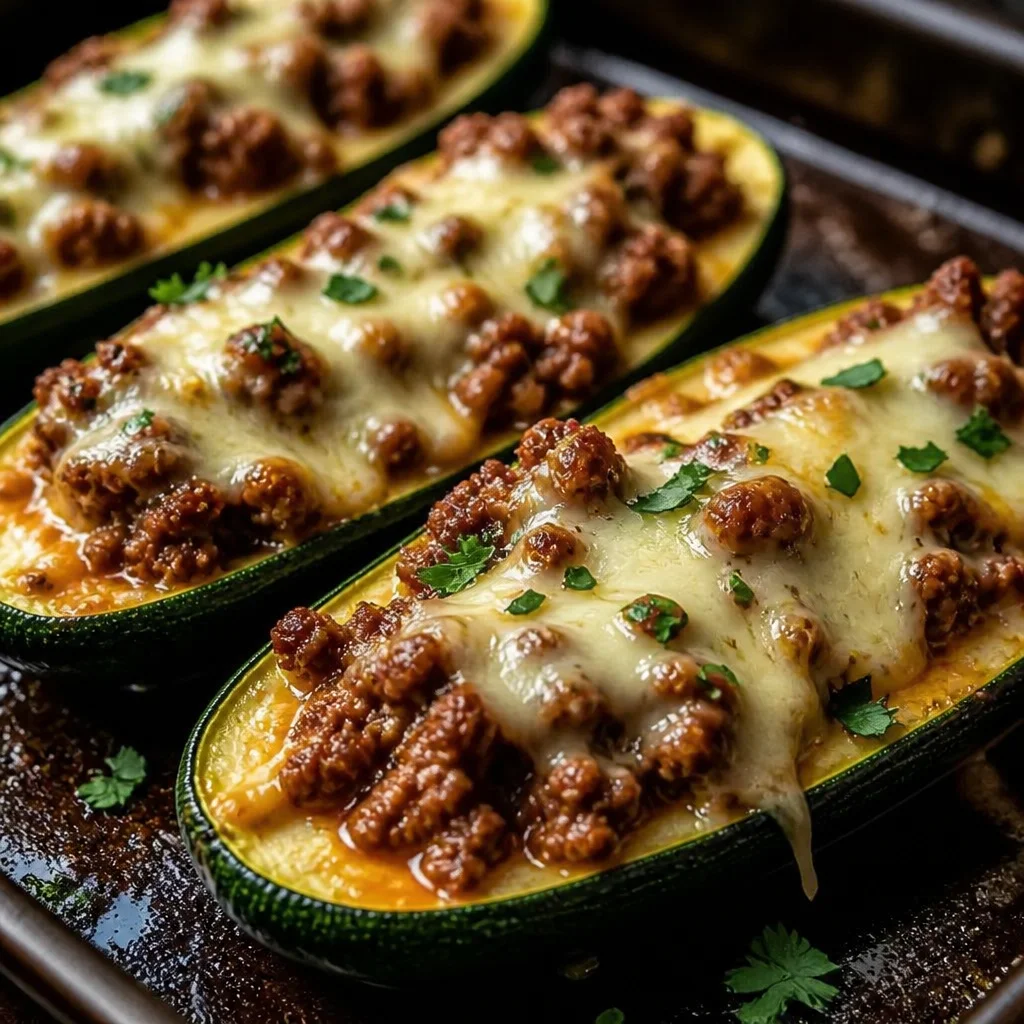 Delicious Ground Beef Zucchini Boats topped with cheese and marinara sauce.