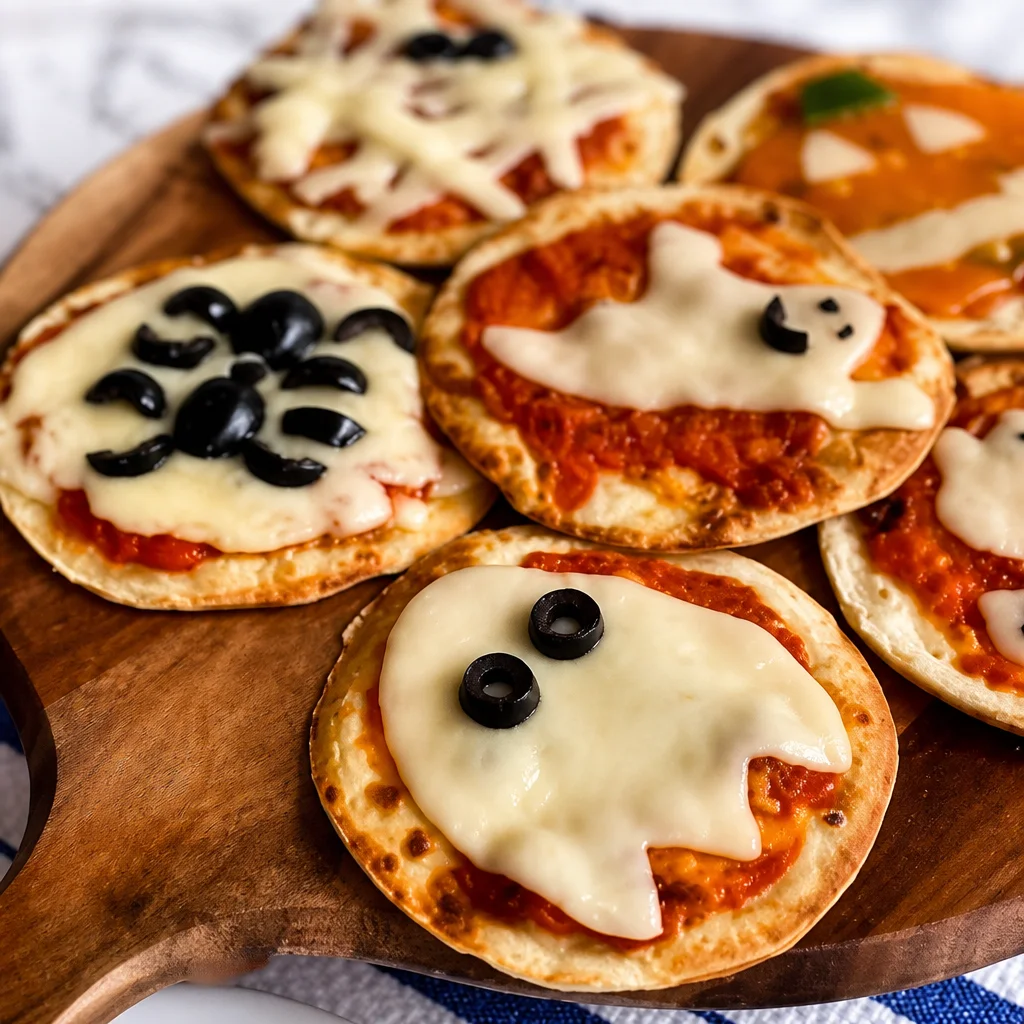 Delicious Mini Halloween Pizzas decorated for a spooky celebration.