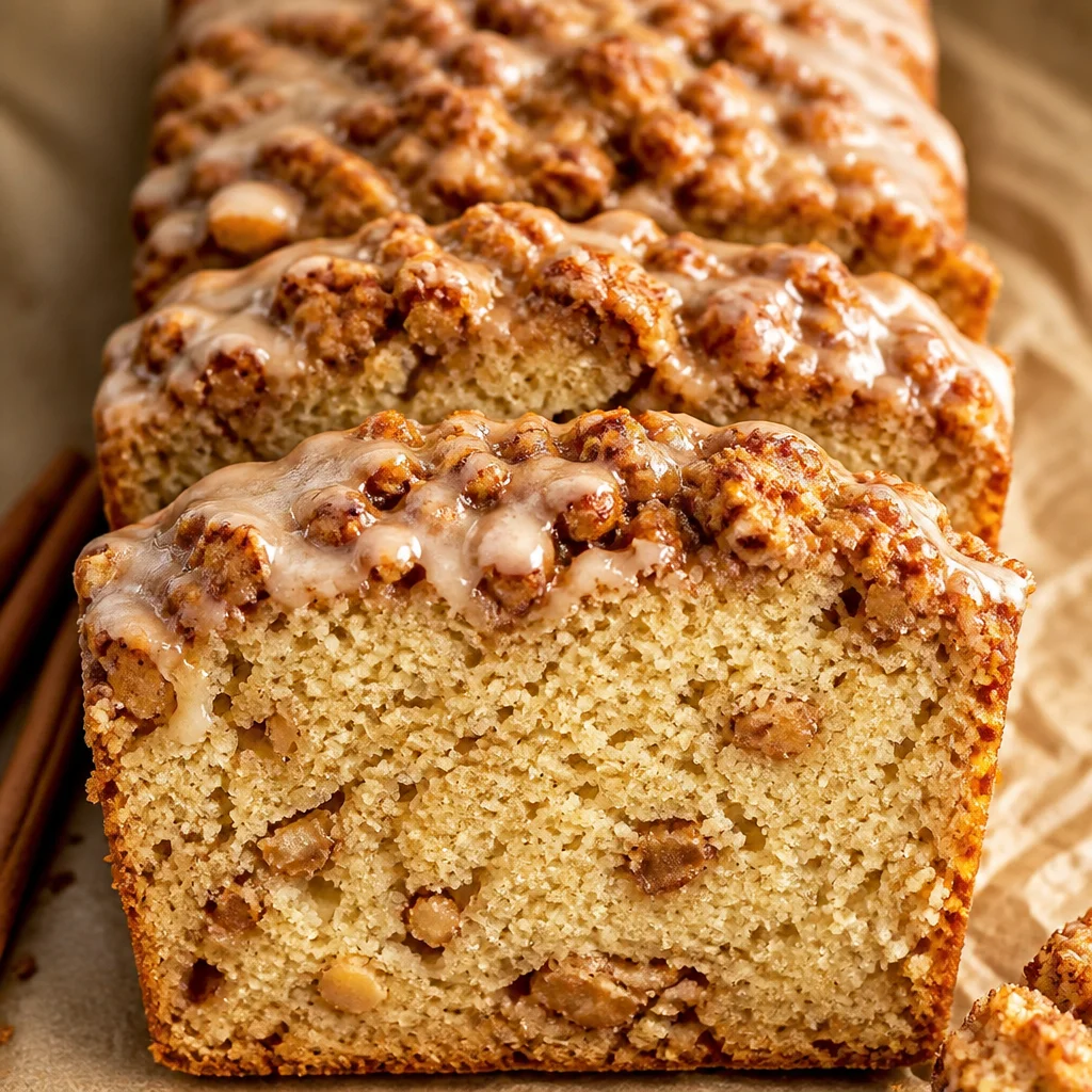 Moist Cinnamon Apple Bread studded with fresh apples and a cinnamon swirl topping.