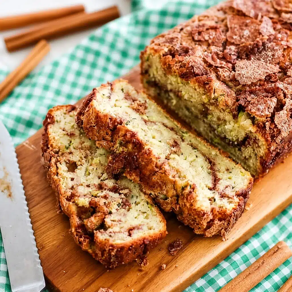 Sliced moist Cinnamon Swirl Zucchini Bread with a luscious cinnamon swirl