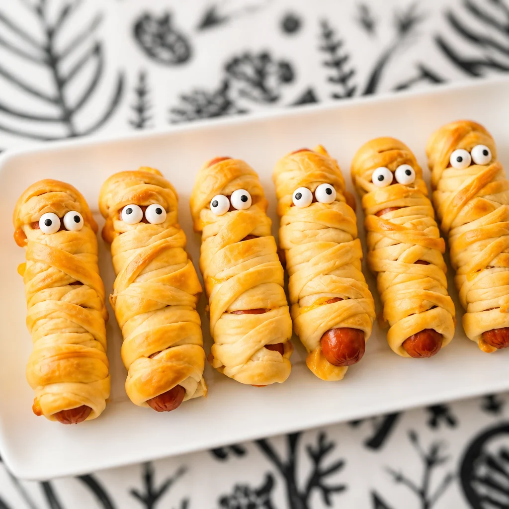 Mummy Hot Dogs wrapped in crescent roll dough for Halloween