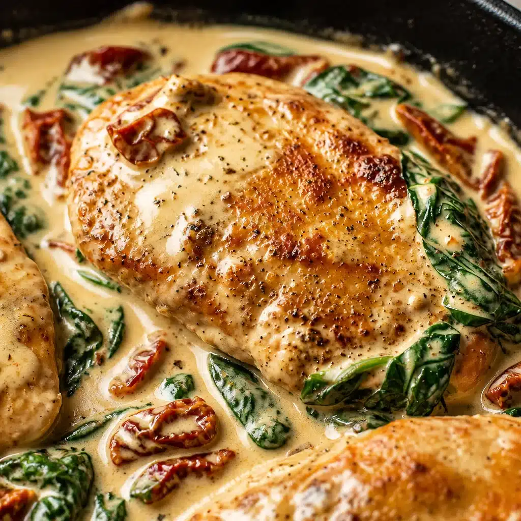 Creamy Tuscan chicken served in a rich and flavorful sauce with spinach and sun-dried tomatoes.