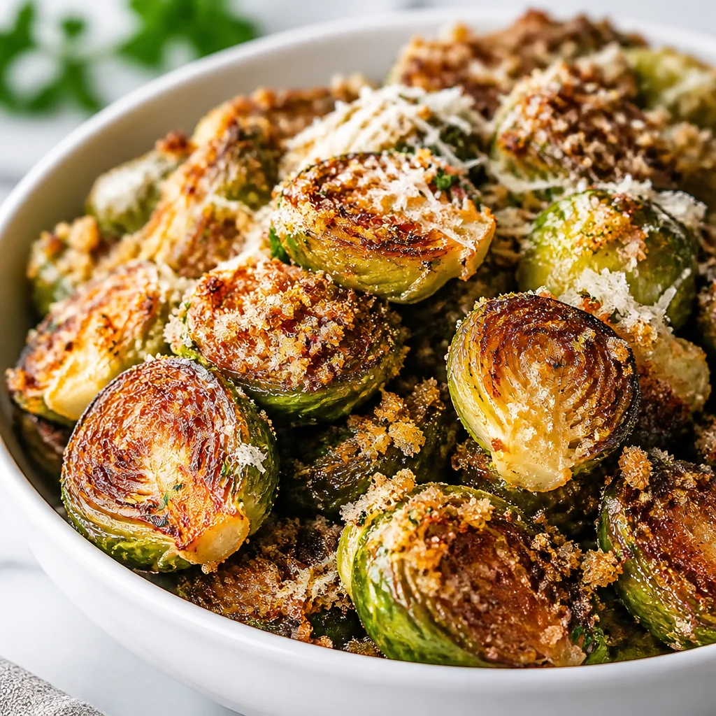 Crispy Garlic Parmesan Brussels Sprouts topped with Parmesan cheese and garlic