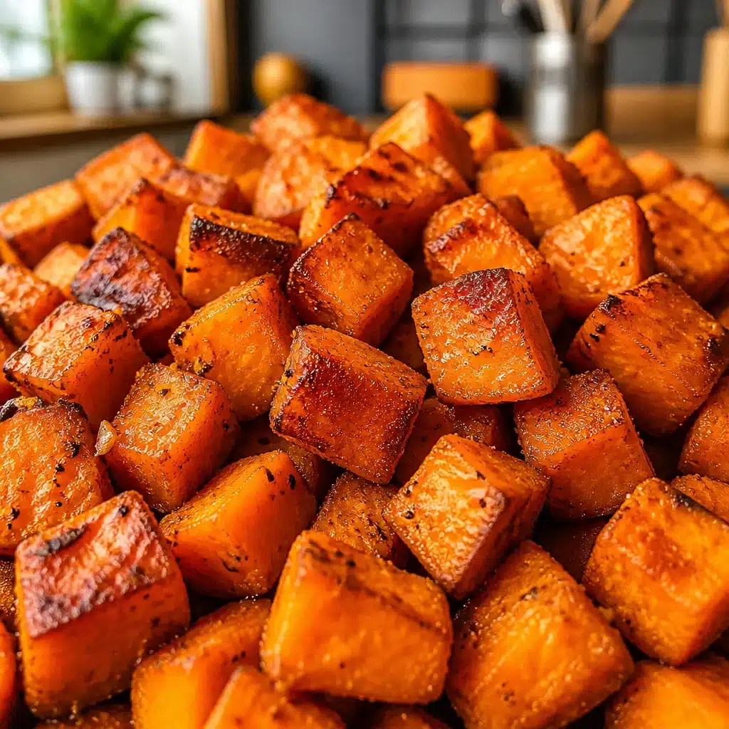 Plate of crispy roasted sweet potatoes drizzled with olive oil and herbs.