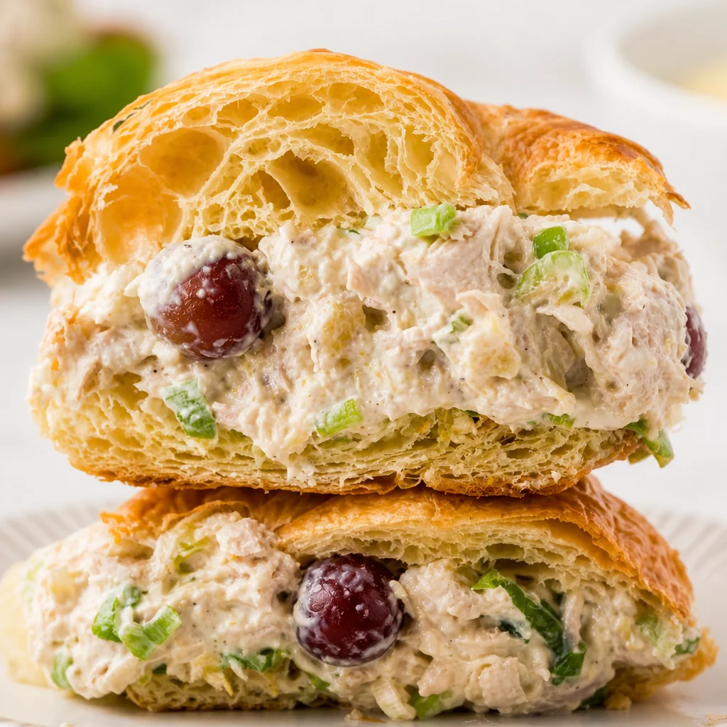 Classic Chicken Salad Sandwich with grapes, celery, and pecans on toasted bread.