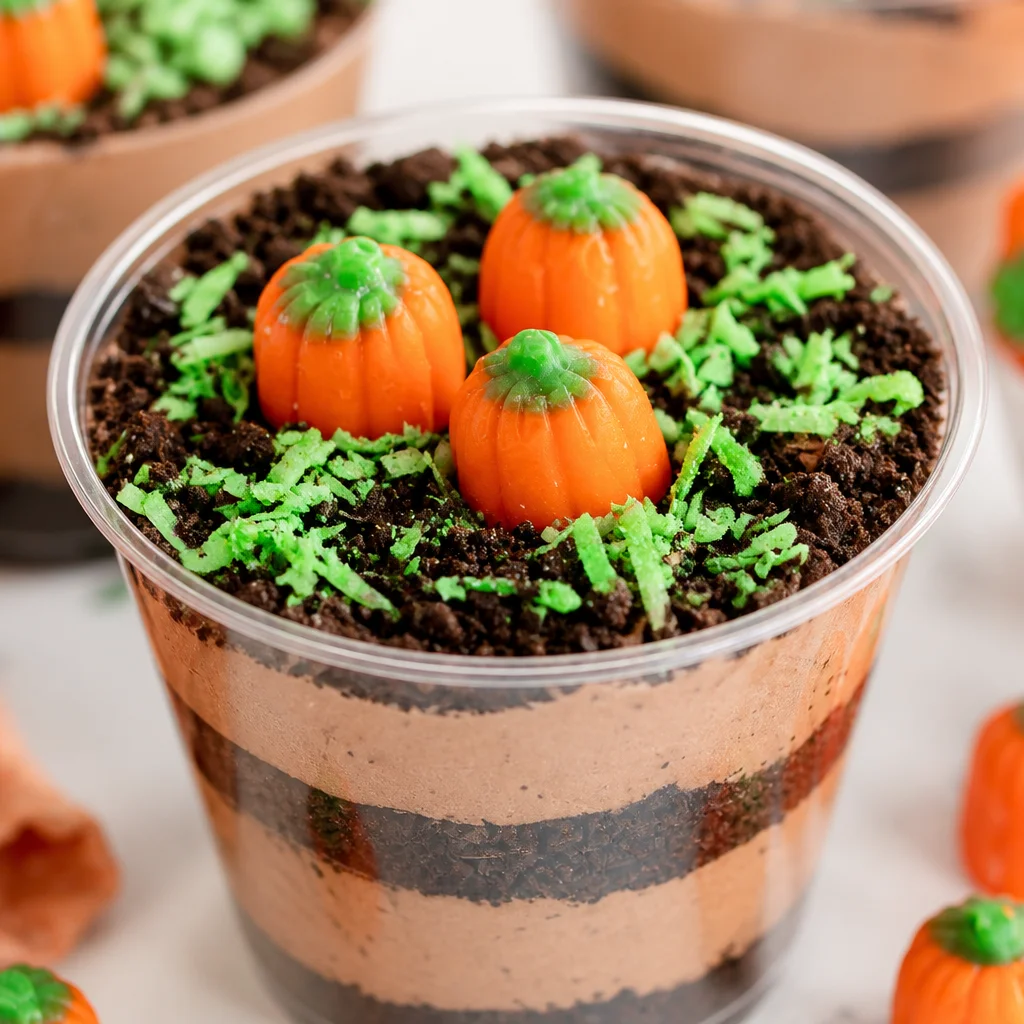 Adorable Pumpkin Dirt Cups with layers of chocolate pudding and Oreo crumbs for fall treats.