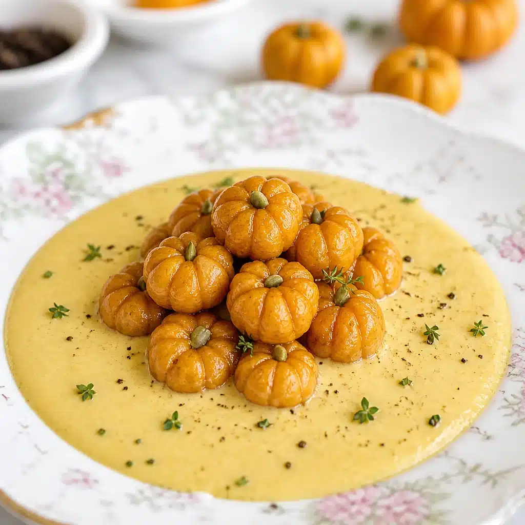 Pumpkin-shaped gnocchi served in sauce, perfect for fall dinners and Halloween.
