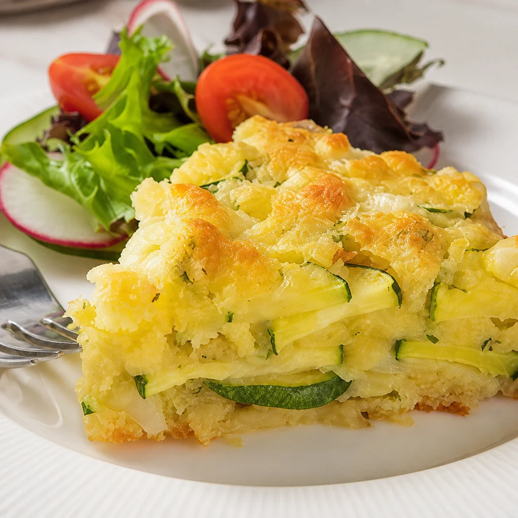 Delicious Zucchini Onion Pie with layers of zucchini and onion in a deep dish