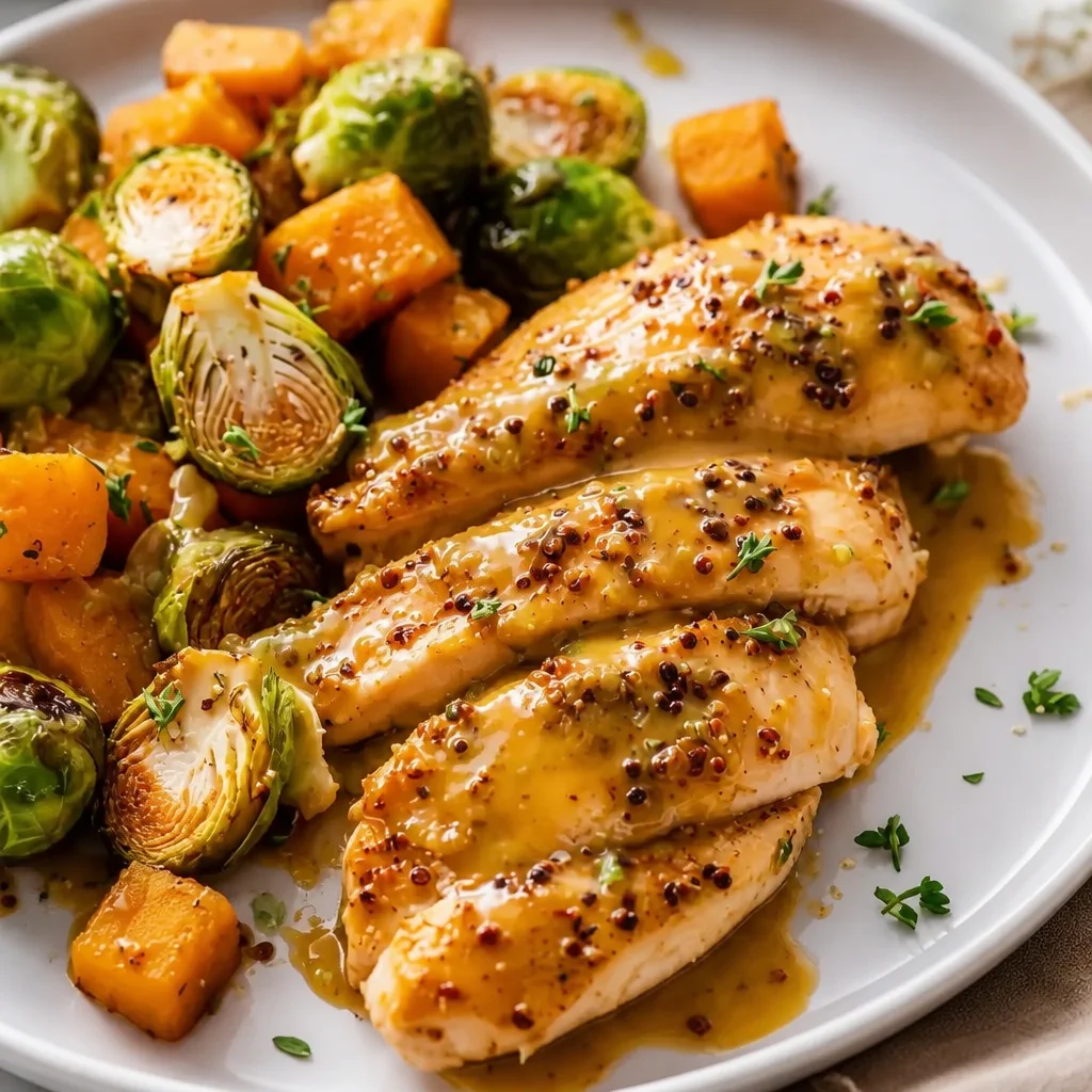 Sheet Pan Honey Dijon Chicken served with roasted vegetables and a sweet glaze