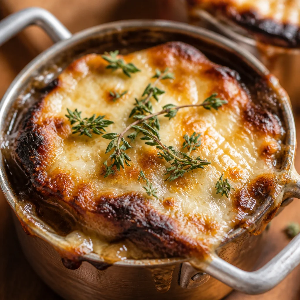 A bowl of Slow Cooker French Onion Soup topped with melted Gruyere cheese and croutons.