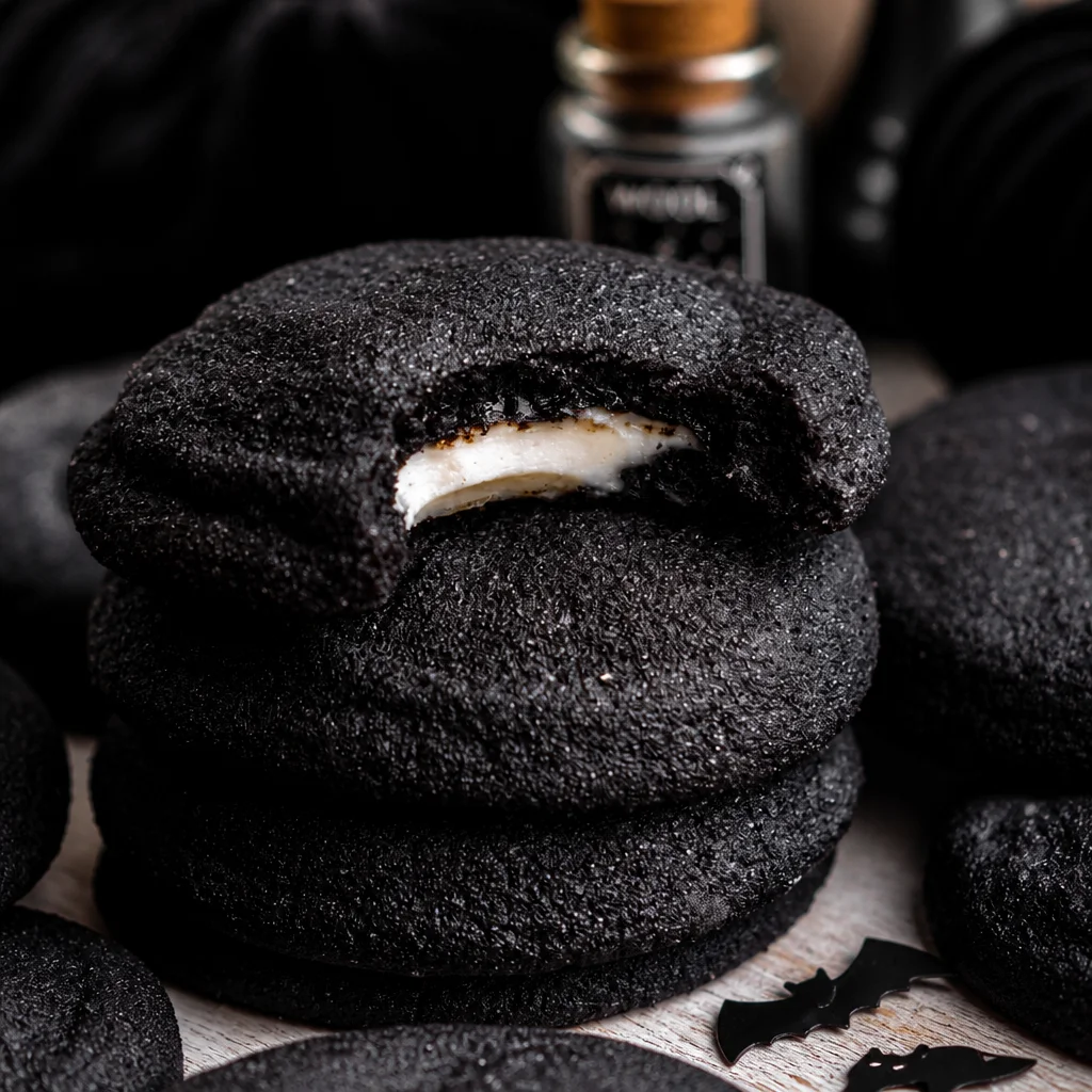 Delicious Black Velvet Cheesecake Cookies filled with creamy cheesecake filling.