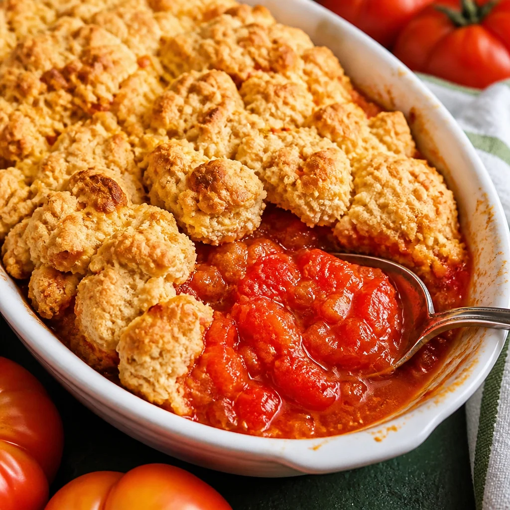 Delicious Tomato Cobbler with herb-infused biscuits and ripe summer tomatoes.